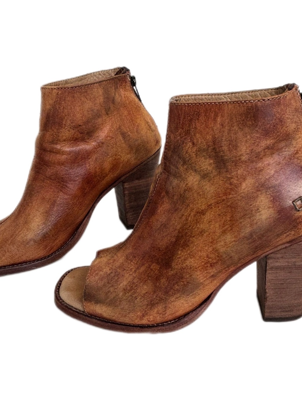 BED|STU Onset Cognac Leather Peep Toe Ankle Booties Cobbler Series Stacked Heel